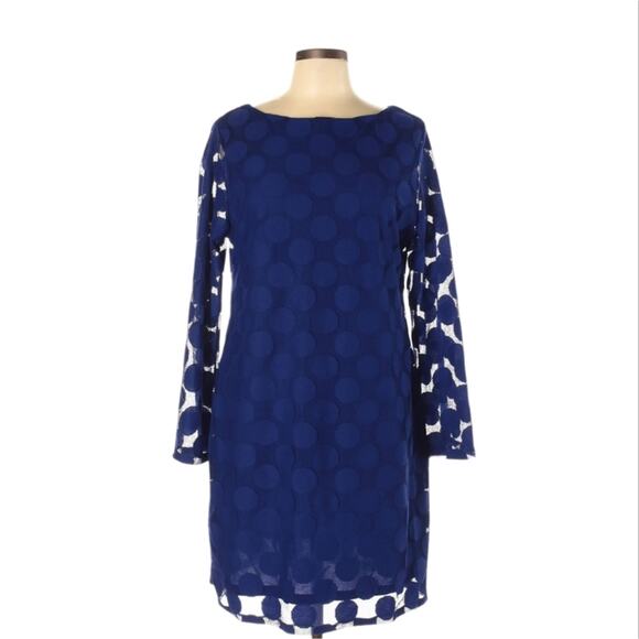 Style & Co Blue Sheer Dot Overlay Dress Size Large Boho Shift Lined 3/4 Sleeve - Picture 1 of 6